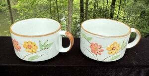 2 Vtg Ji Stonecrest Pamela Soup Chili Coffee Mugs Cup Hand Painted Stoneware A83